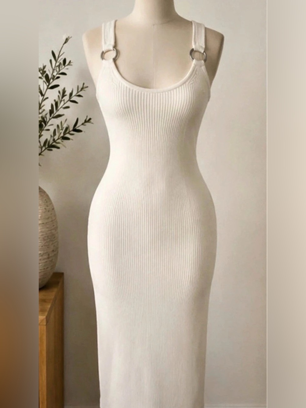 Michael Kors Ribbed Ring-Strap Midi Dress White